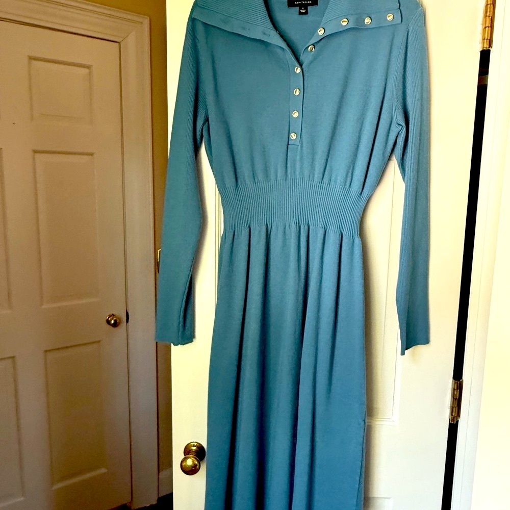 Ann Taylor Teal Long-Sleeve Knit Midi Dress with Shirred Waist Gold Buttons M